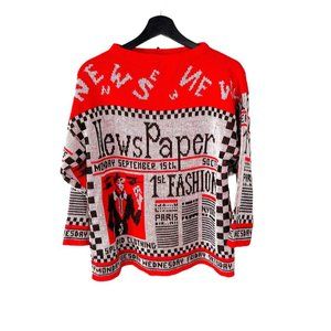 Vintage 80s Red White Newspaper Graphic Knit Wide Neck Pullover Sweater Small